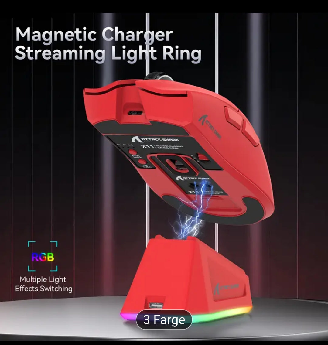 ATTACK SHARK X11 59g Ultralight Trådløs Spillmus med Magnetisk RGB Ladebase, BT/2.4G Trådløst/Kablet Mus, 22000 DPI, 5 Programmerbare Knapper for PC/Bærbar PC/Mac, Ergonomisk Design, Langvarig Kraft, USB-C Lading, Ergonomisk Spillmus | Moderne Spillmus |