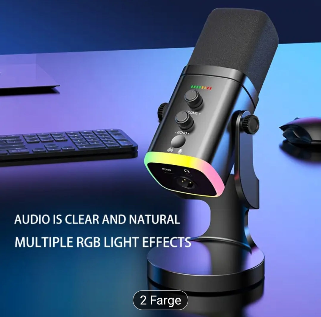 EXLR/USB Dynamisk Mikrofon for Streaming & Gaming, RGB-lys, Dempknapp, Hodetelefonkontakt, Skrivebordsstativ, Ideell PC-mikrofon til YouTube, Sang og Opptak