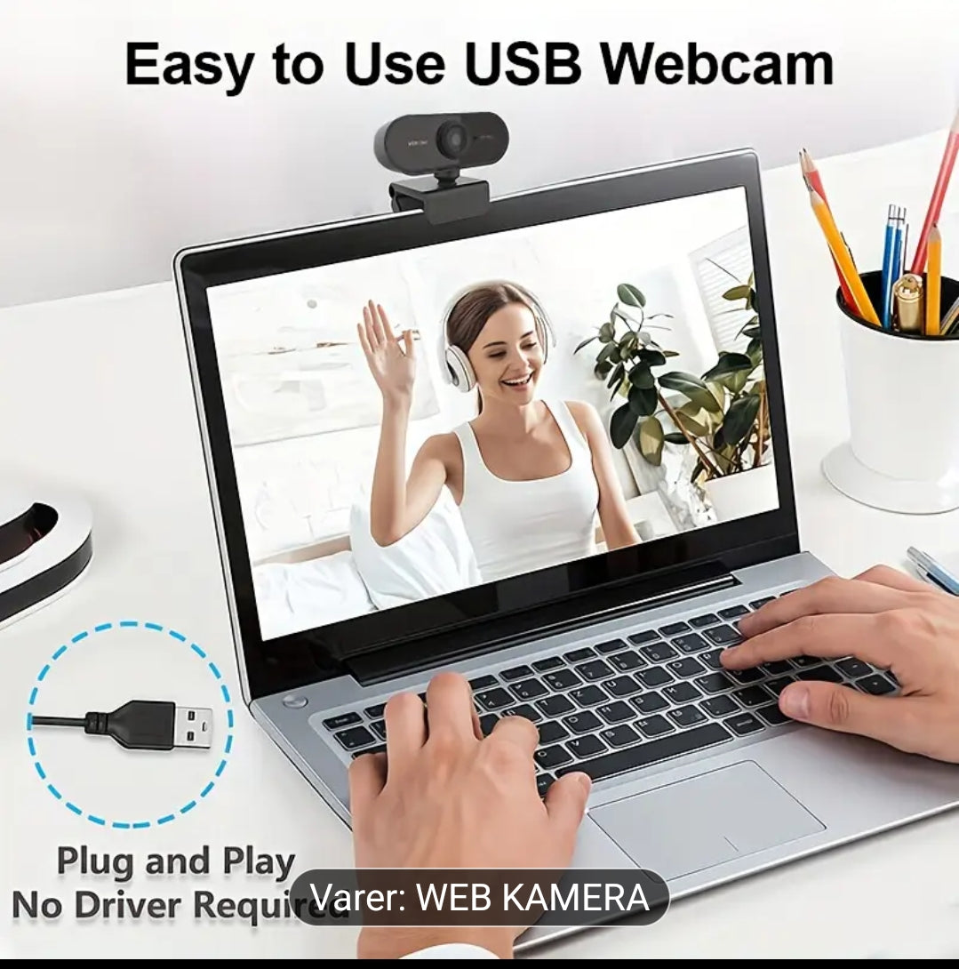 1080P Full HD Webkamera med USB Plug & Play, Roterbar Vidvinkelobjektiv, Autofokus og Eksponeringskontroll, Innebygd Mikrofon, Kompatibel med PC/Mac/Bærbar PC for Videosamtaler, Online Undervisning, Gaming – Kompakt Design til Hjemmekontor og Strømming, W