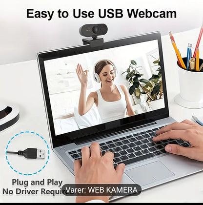 1080P Full HD Webkamera med USB Plug & Play, Roterbar Vidvinkelobjektiv, Autofokus og Eksponeringskontroll, Innebygd Mikrofon, Kompatibel med PC/Mac/Bærbar PC for Videosamtaler, Online Undervisning, Gaming – Kompakt Design til Hjemmekontor og Strømming, W