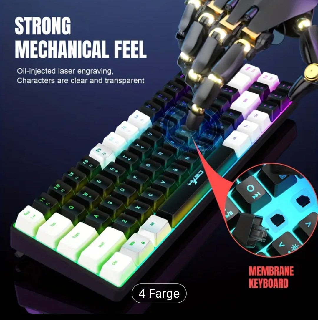 HXSJ Ny tynn film kablet spilltastatur USB-C-nøkkel Kabelseparasjon 68 nøkler RGB-bakgrunnsbelysning Egnet for hjemmespill, kontor, svart og hvitt
