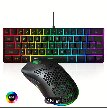 HXSJ 60% Mini Mekanisk Tastatur og Mus Kombinasjon, 61 Taster RGB Belysning, Ergonomisk Optisk Spillsett, Bærbar ABS, for PC - Ingen Batteri Krever