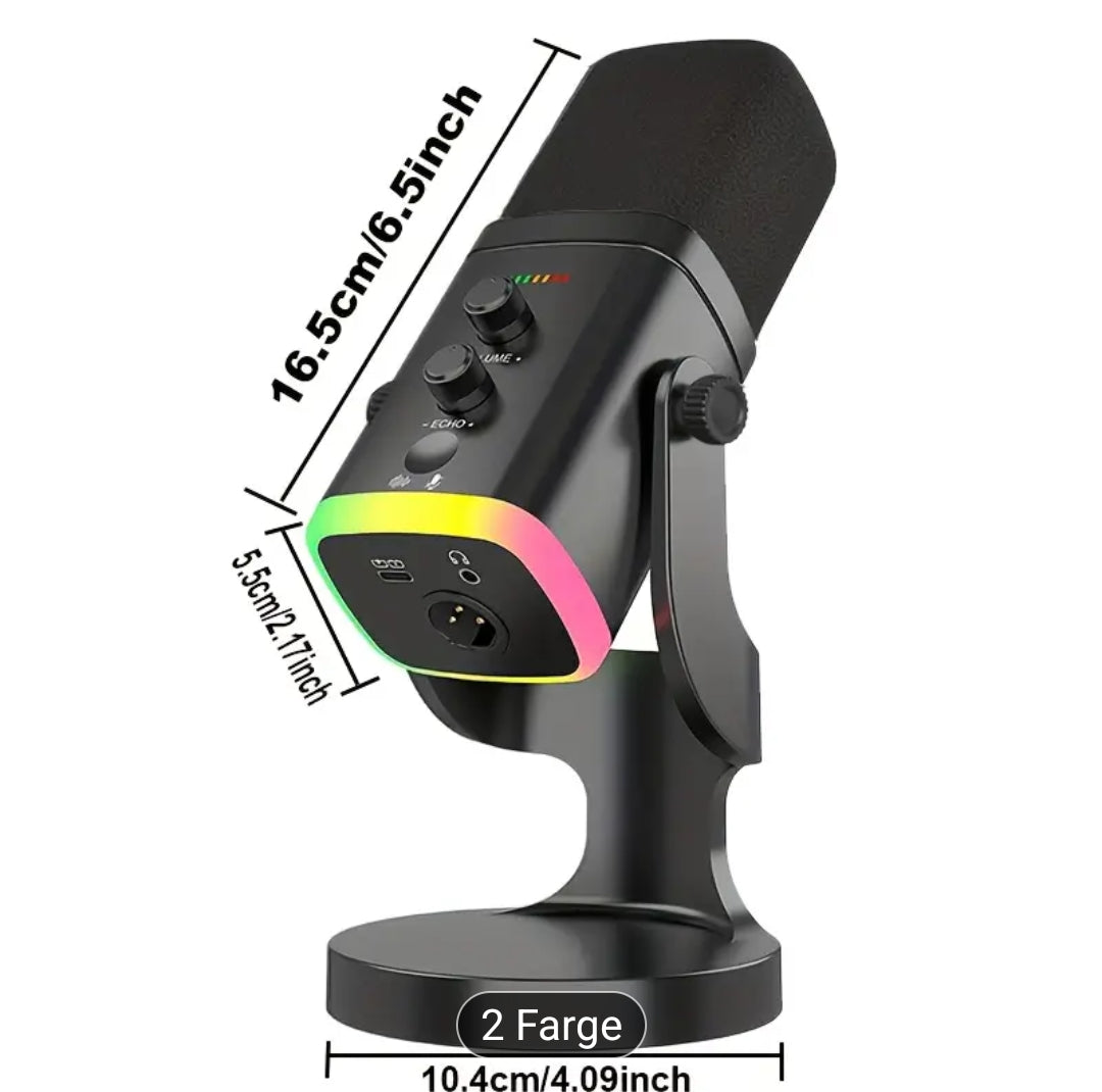 EXLR/USB Dynamisk Mikrofon for Streaming & Gaming, RGB-lys, Dempknapp, Hodetelefonkontakt, Skrivebordsstativ, Ideell PC-mikrofon til YouTube, Sang og Opptak
