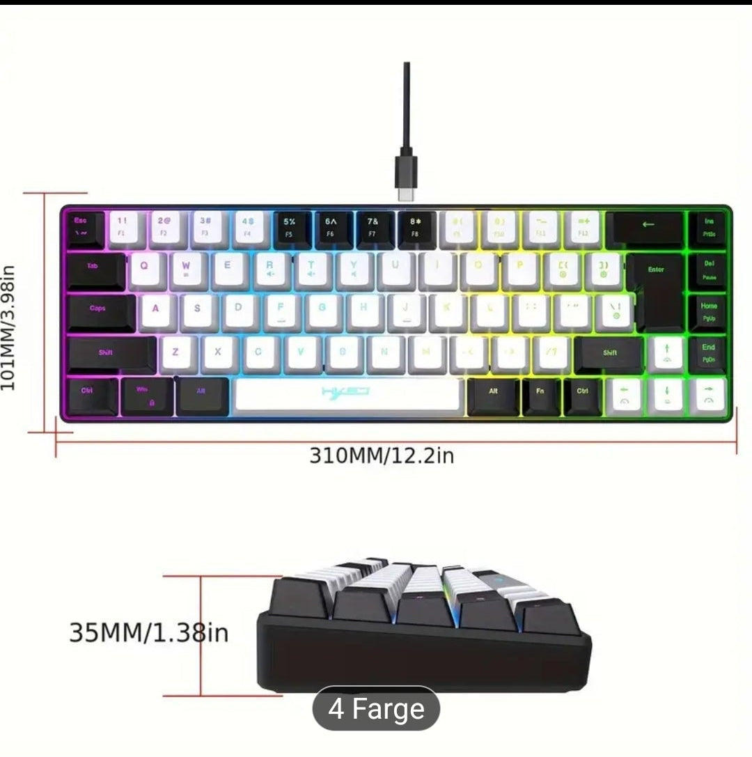HXSJ Ny tynn film kablet spilltastatur USB-C-nøkkel Kabelseparasjon 68 nøkler RGB-bakgrunnsbelysning Egnet for hjemmespill, kontor, svart og hvitt