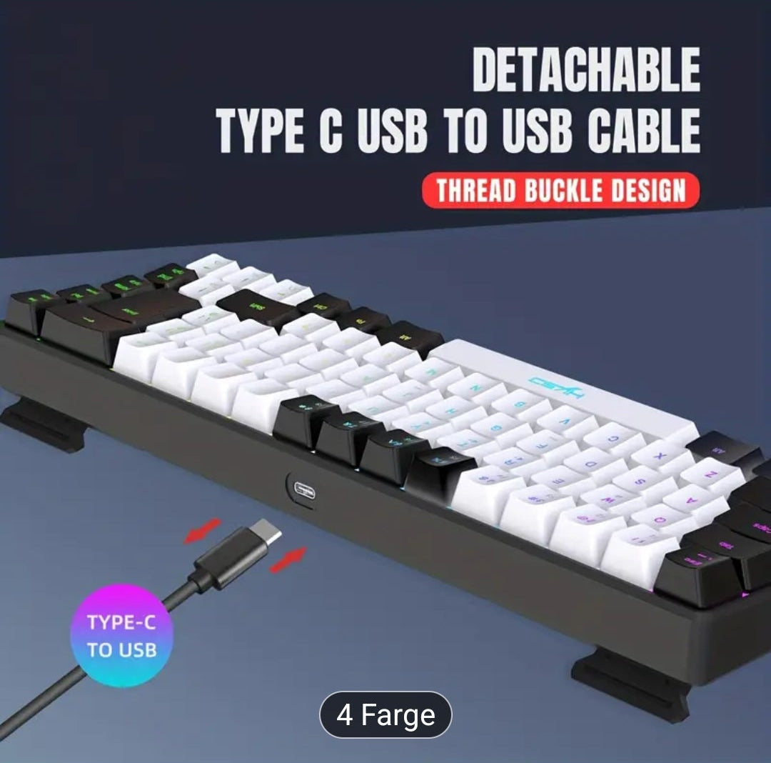 HXSJ Ny tynn film kablet spilltastatur USB-C-nøkkel Kabelseparasjon 68 nøkler RGB-bakgrunnsbelysning Egnet for hjemmespill, kontor, svart og hvitt