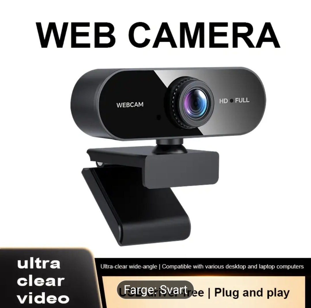 1080P Full HD Webkamera med USB Plug & Play, Roterbar Vidvinkelobjektiv, Autofokus og Eksponeringskontroll, Innebygd Mikrofon, Kompatibel med PC/Mac/Bærbar PC for Videosamtaler, Online Undervisning, Gaming – Kompakt Design til Hjemmekontor og Strømming, W