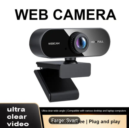 1080P Full HD Webkamera med USB Plug & Play, Roterbar Vidvinkelobjektiv, Autofokus og Eksponeringskontroll, Innebygd Mikrofon, Kompatibel med PC/Mac/Bærbar PC for Videosamtaler, Online Undervisning, Gaming – Kompakt Design til Hjemmekontor og Strømming, W