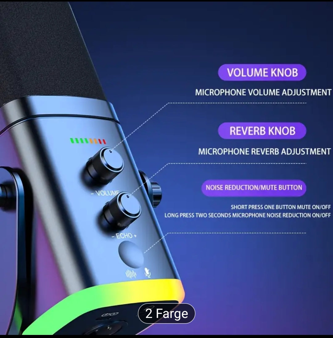 EXLR/USB Dynamisk Mikrofon for Streaming & Gaming, RGB-lys, Dempknapp, Hodetelefonkontakt, Skrivebordsstativ, Ideell PC-mikrofon til YouTube, Sang og Opptak