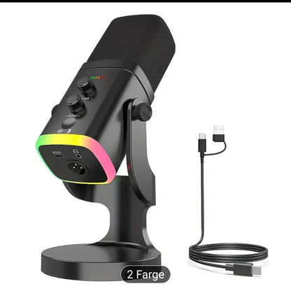 EXLR/USB Dynamisk Mikrofon for Streaming & Gaming, RGB-lys, Dempknapp, Hodetelefonkontakt, Skrivebordsstativ, Ideell PC-mikrofon til YouTube, Sang og Opptak
