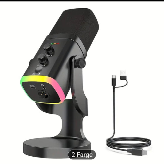 EXLR/USB Dynamisk Mikrofon for Streaming & Gaming, RGB-lys, Dempknapp, Hodetelefonkontakt, Skrivebordsstativ, Ideell PC-mikrofon til YouTube, Sang og Opptak
