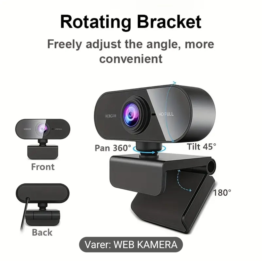1080P Full HD Webkamera med USB Plug & Play, Roterbar Vidvinkelobjektiv, Autofokus og Eksponeringskontroll, Innebygd Mikrofon, Kompatibel med PC/Mac/Bærbar PC for Videosamtaler, Online Undervisning, Gaming – Kompakt Design til Hjemmekontor og Strømming, W