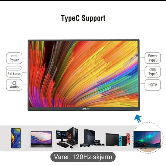 ANMITE 18,5" Bærbar Skjerm 120Hz HDR IPS Laptop/PC Ekstern Skjerm med RGB Bakgrunnsbelysning, VESA-montering & Stativ, -C (Uten Adapter), - Spill/Video/Skjerm, FHD 1080p+ Oppløsning, Kompatibel med /Switch/Smarttelefoner