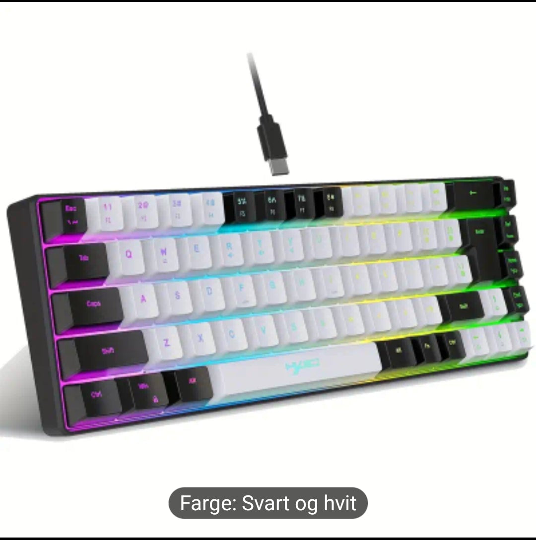 HXSJ Ny tynn film kablet spilltastatur USB-C-nøkkel Kabelseparasjon 68 nøkler RGB-bakgrunnsbelysning Egnet for hjemmespill, kontor, svart og hvitt
