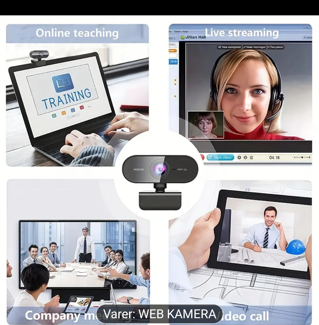 1080P Full HD Webkamera med USB Plug & Play, Roterbar Vidvinkelobjektiv, Autofokus og Eksponeringskontroll, Innebygd Mikrofon, Kompatibel med PC/Mac/Bærbar PC for Videosamtaler, Online Undervisning, Gaming – Kompakt Design til Hjemmekontor og Strømming, W