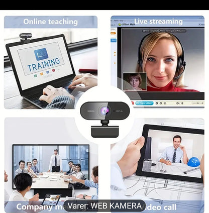 1080P Full HD Webkamera med USB Plug & Play, Roterbar Vidvinkelobjektiv, Autofokus og Eksponeringskontroll, Innebygd Mikrofon, Kompatibel med PC/Mac/Bærbar PC for Videosamtaler, Online Undervisning, Gaming – Kompakt Design til Hjemmekontor og Strømming, W