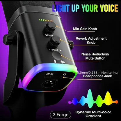 EXLR/USB Dynamisk Mikrofon for Streaming & Gaming, RGB-lys, Dempknapp, Hodetelefonkontakt, Skrivebordsstativ, Ideell PC-mikrofon til YouTube, Sang og Opptak