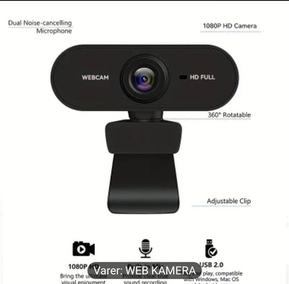 1080P Full HD Webkamera med USB Plug & Play, Roterbar Vidvinkelobjektiv, Autofokus og Eksponeringskontroll, Innebygd Mikrofon, Kompatibel med PC/Mac/Bærbar PC for Videosamtaler, Online Undervisning, Gaming – Kompakt Design til Hjemmekontor og Strømming, W